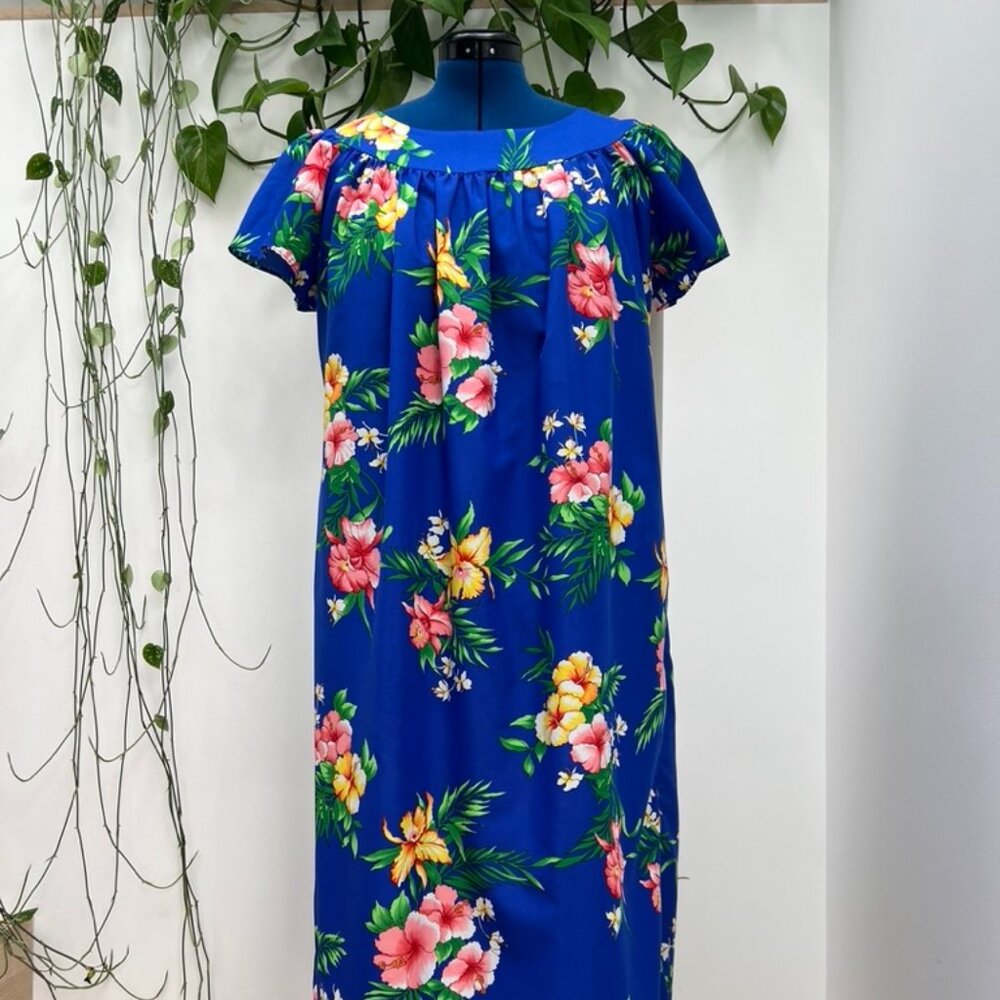 Vintage Blue/Pink/Yellow Tropical Floral Print, Short Sleeved, Dress, Kaftan, Mu